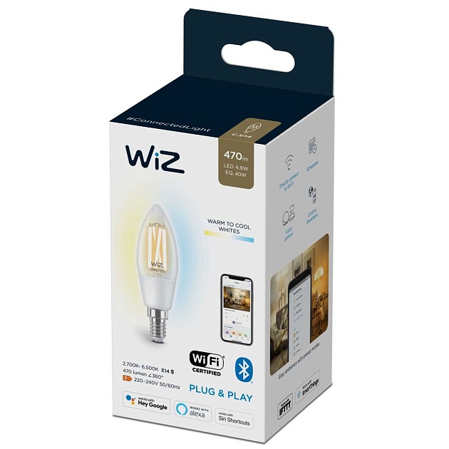 Лампа светодиодная филаментная диммируемая WiZ E14 4,9W 2700-6500K прозрачная Wi-Fi BLE 40W C35 E14927-65CL1PF/6 929003017601 фото 4