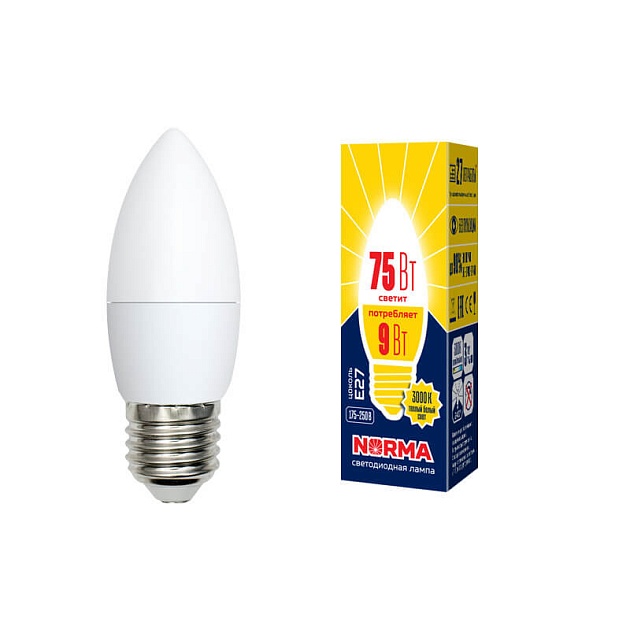 Лампа светодиодная E27 9W 3000K матовая LED-C37-9W/WW/E27/FR/NR UL-00003807 фото 2