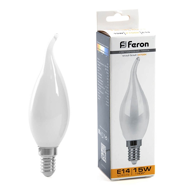 Лампа светодиодная Feron E14 15W 2700K Свеча на ветру Матовая 38260 фото 