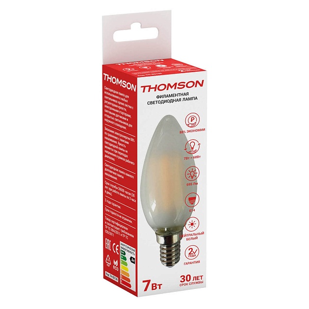 Лампа светодиодная филаментная Thomson E14 7W 4500K свеча матовая TH-B2136 фото 2
