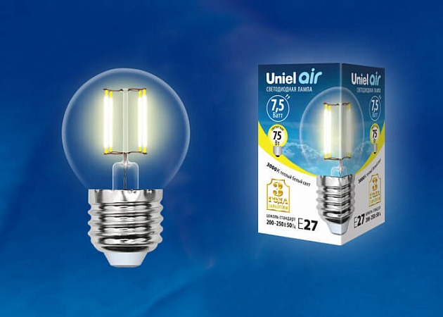 Лампа светодиодная филаментная Uniel E27 7,5W 3000K прозрачная LED-G45-7,5W/WW/E27/CL GLA01TR UL-00003252 фото 2