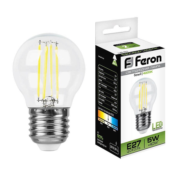Лампа светодиодная филаментная Feron E27 5W 4000K Шар Прозрачная LB-61 25582 фото 