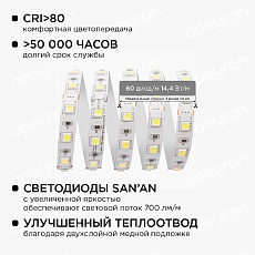 Светодиодная лента Apeyron 14,4W/m 60LED/m 5050SMD холодный белый 1M 10-67 5