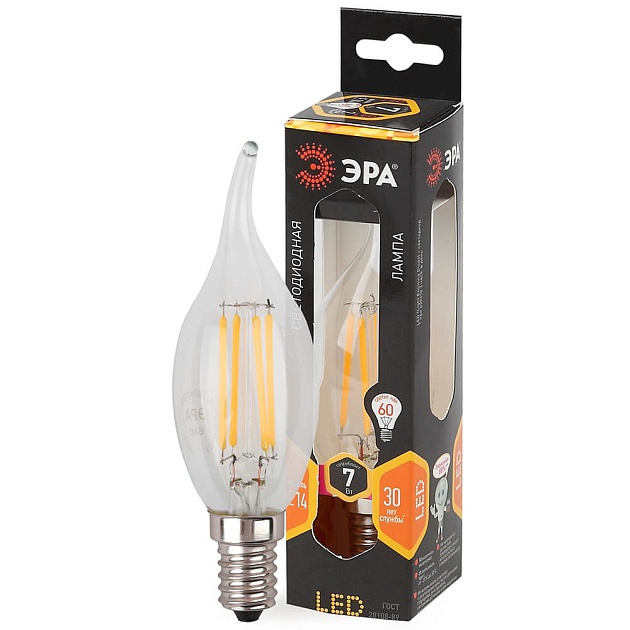 Лампа светодиодная филаментная ЭРА E14 7W 2700K прозрачная F-LED BXS-7W-827-E14 Б0027944 фото 2