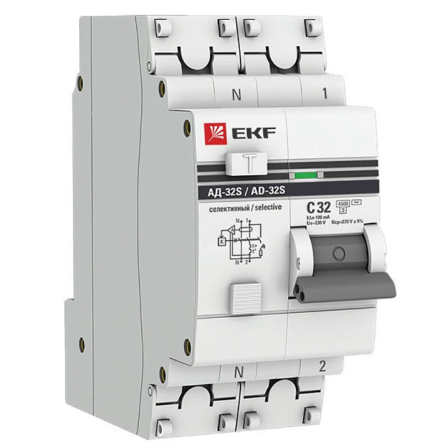 Дифференциальный автомат АД-32 (селективный) 1P+N 32А/100мА EKF PROxima DA32-32-100S-pro Фото № 1