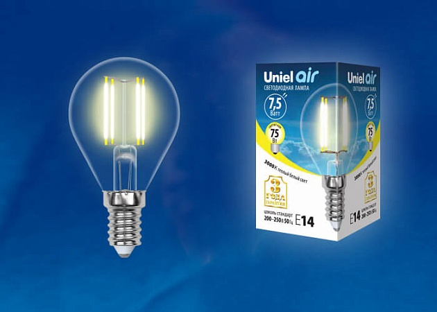 Лампа светодиодная филаментная Uniel E14 7,5W 3000K прозрачная LED-G45-7,5W/WW/E14/CL GLA01TR UL-00003250 фото 2