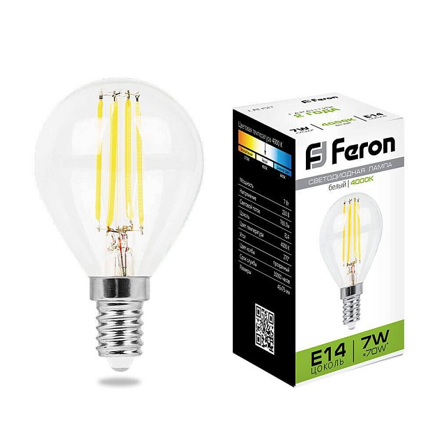Лампа светодиодная филаментная Feron E14 7W 4000K Шар Прозрачная LB-52 25875 Фото № 1