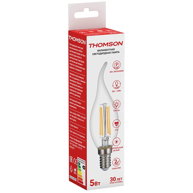 Лампа светодиодная филаментная Thomson E14 5W 4500K свеча на ветру прозрачная TH-B2074 фото 2