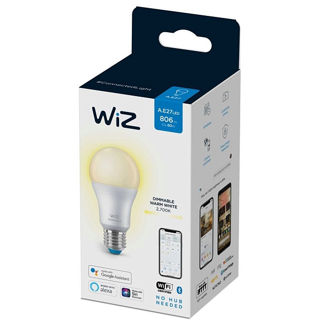 Лампа светодиодная диммируемая WiZ E27 8W 2700K матовая Wi-Fi BLE 60W A60 E27 927 DIM1PF/6 929002450202 фото 2