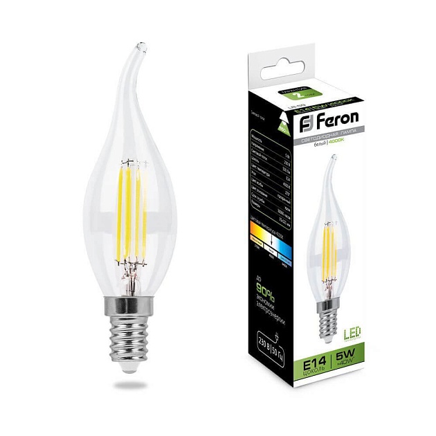 Лампа светодиодная филаментная Feron E14 5W 4000K Свеча на ветру Прозрачная LB-59 25576 фото 