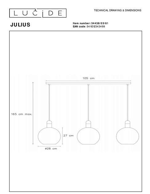 Подвесной светильник Lucide Julius 34438/03/61 Фото № 2