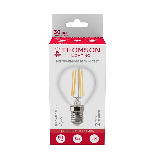 Лампа светодиодная филаментная Thomson E14 5W 4500K шар прозрачная TH-B2082 фото 4