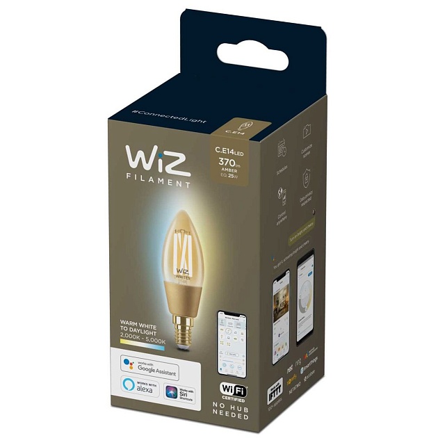 Лампа светодиодная филаментная диммируемая WiZ E14 4,9W 2700-6500K золото Wi-Fi BLE 25W C35E14920-50Amb1PF/6 929003017701 фото 3
