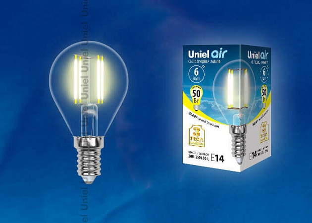 Лампа светодиодная филаментная Uniel E14 6W 3000K прозрачная LED-G45-6W/WW/E14/CL GLA01TR UL-00002201 фото 2