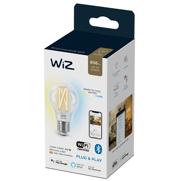 Лампа светодиодная филаментная диммируемая WiZ E27 7W 2700-6500K прозрачная Wi-Fi BLE 60WA60E27927-65CL1PF/6 929003017201 фото 3