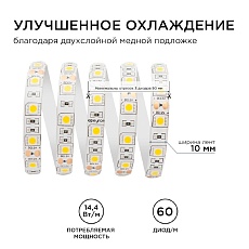 Светодиодная влагозащищенная лента Apeyron 14,4W/m 60LED/m 5050SMD теплый белый 5M 00-11 4