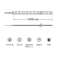Светодиодная влагозащищенная лента Gauss 14,4W/m 60LED/m 5050SMD теплый белый 5M 311000114 4
