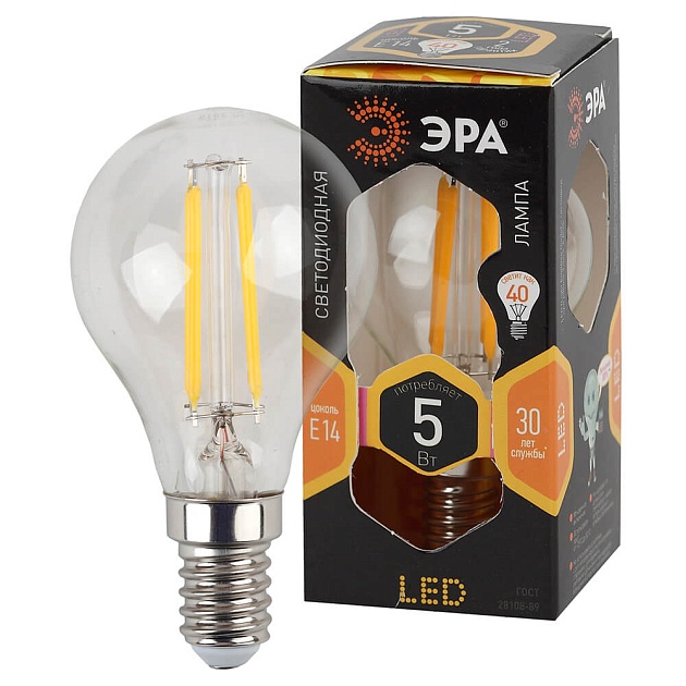 Лампа светодиодная филаментная ЭРА E14 5W 2700K прозрачная F-LED P45-5W-827-E14 Б0043437 фото 4