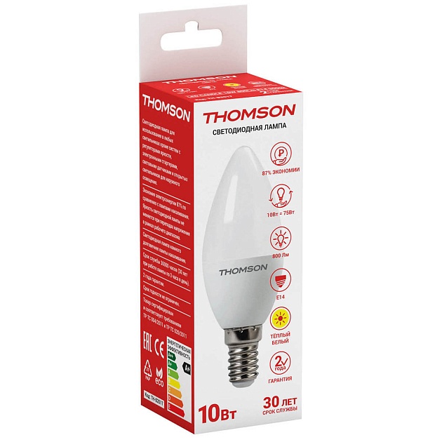 Лампа светодиодная Thomson E14 10W 3000K свеча матовая TH-B2017 фото 2