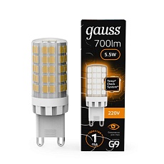 Лампа светодиодная Gauss G9 5,5W 3000К прозрачная 107009106 3
