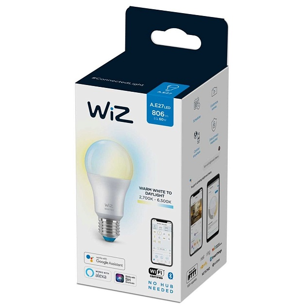 Лампа светодиодная диммируемая WiZ E27 8W 2700-6500K матовая Wi-Fi BLE 60W A60E27927-65TW1PF/6 929002383502 фото 3