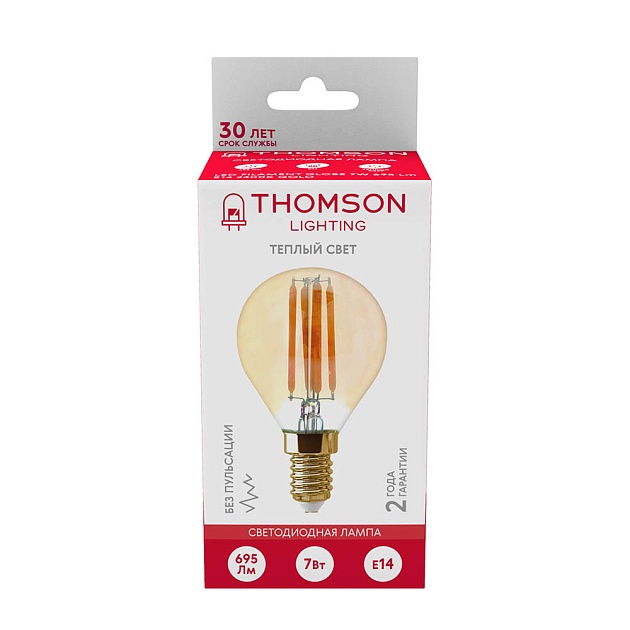 Лампа светодиодная филаментная Thomson E14 7W 2400K шар прозрачная TH-B2122 фото 4