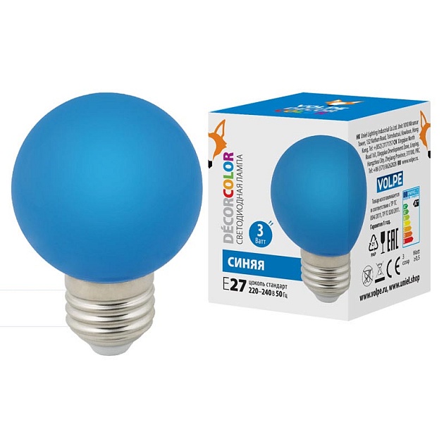Лампа светодиодная Volpe E27 3W синяя LED-G60-3W/Blue/E27/FR/С UL-00006957 фото 