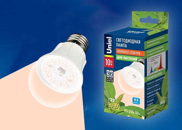 Лампа светодиодная для растений Uniel E27 10W прозрачная LED-A60-10W/SPFR/E27/CL PLP01WH UL-00001820 фото 2