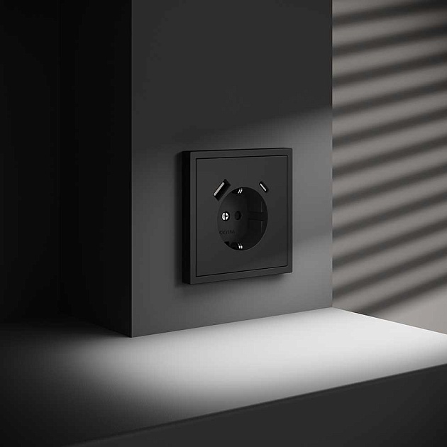 Розетка встраиваемая Voltum S70 с заземлением и защитными шторками, 16А, с USB, A+С, (черный матовый VLS040508 Фото № 3
