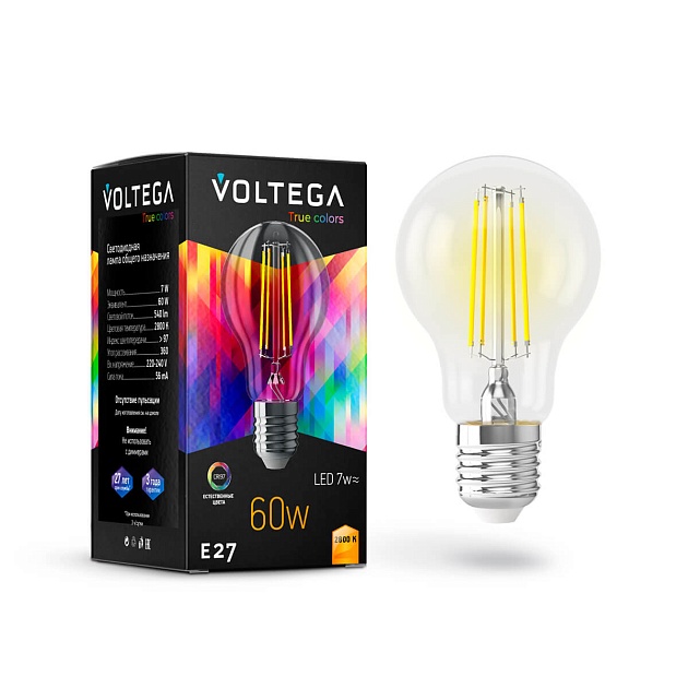 Лампа светодиодная Voltega E27 7W 2800K прозрачная VG10-A60E27warm7W-FHR 7154 фото 
