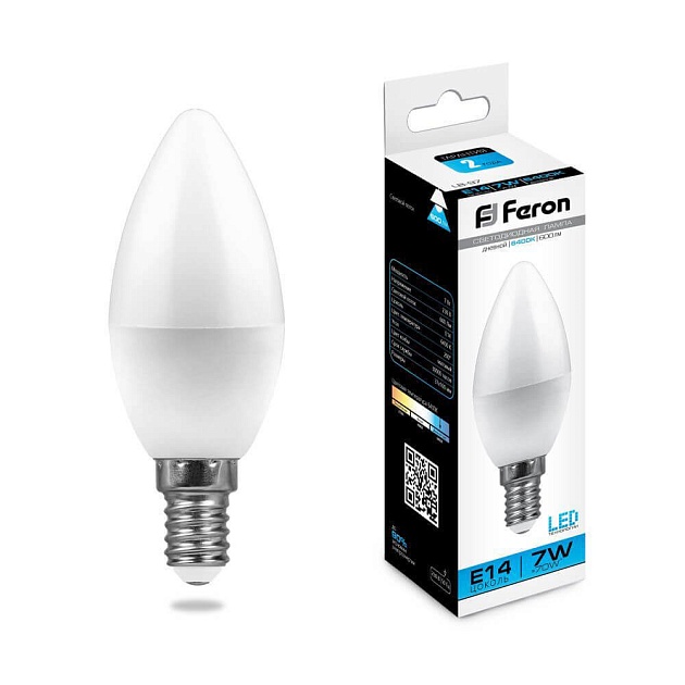Лампа светодиодная Feron E14 7W 6400K Свеча Матовая LB-97 25477 фото 