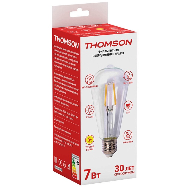 Лампа светодиодная филаментная Thomson E27 7W 2700K прямосторонняя трубчатая прозрачная TH-B2105 фото 2