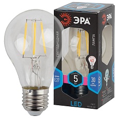 Лампа светодиодная филаментная ЭРА E27 5W 4000K прозрачная F-LED A60-5W-840-E27 Б0019011 1