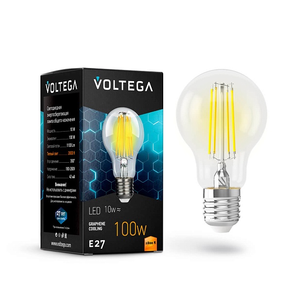 Лампа светодиодная филаментная Voltega E27 10W 2800К прозрачная VG10-А1E27warm10W-F 7102 фото 