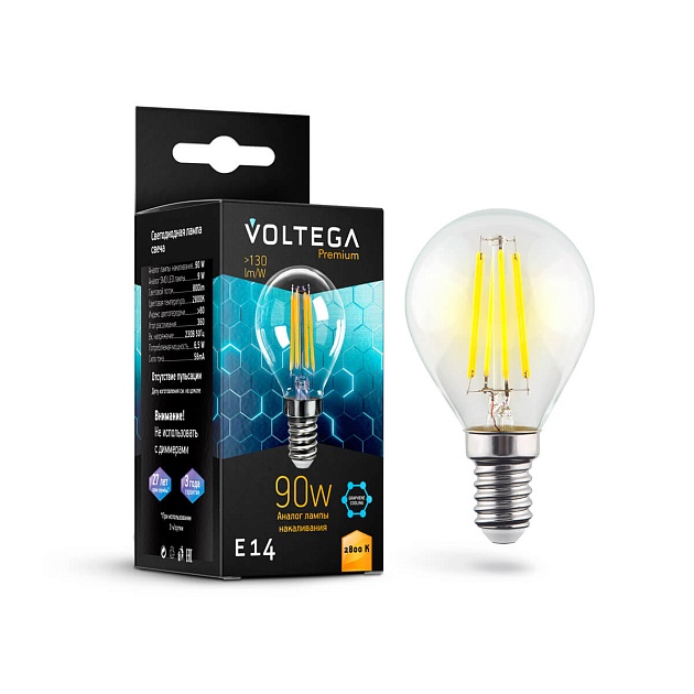 Лампа светодиодная Voltega E14 6,5W 2800K прозрачная VG10-G45E14warm9W-F 7136 фото 