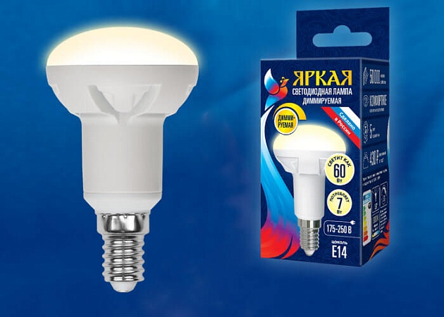 Лампа светодиодная диммируемая Uniel E14 7W 3000K матовая LED-R50 7W/3000K/E14/FR/DIM PLP01WH UL-00004710 фото 2