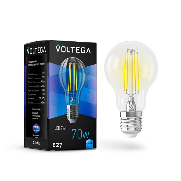 Лампа светодиодная Voltega E27 7W 4000K прозрачная VG10-A60E27cold7W-F 7141 фото 