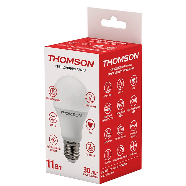 Лампа светодиодная Thomson E27 11W 4000K груша матовая TH-B2006 фото 3