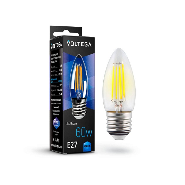 Лампа светодиодная филаментная Voltega E27 6W 4000К прозрачная VG10-C1E27cold6W-F 7029 фото 