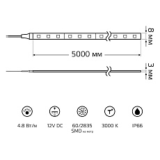 Светодиодная влагозащищенная лента Gauss 4,8W/m 60LED/m 2835SMD теплый белый 5M 356000105 3