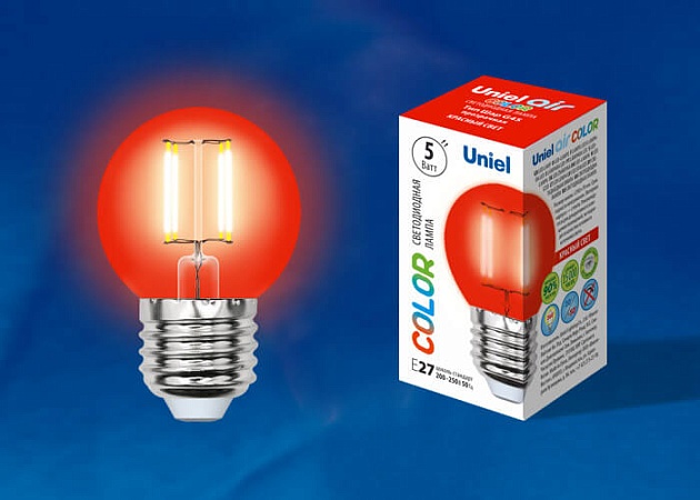 Лампа светодиодная филаментная Uniel E27 5W красная LED-G45-5W/RED/E27 GLA02RD UL-00002986 фото 2