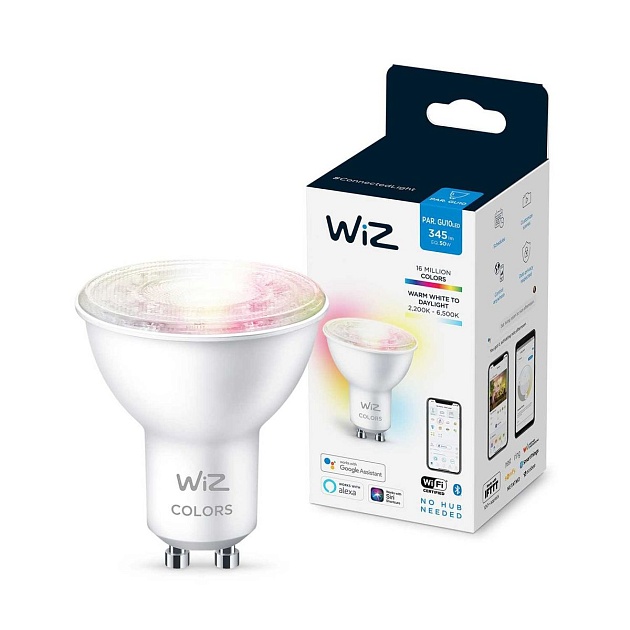Лампа светодиодная диммируемая WiZ GU10 4,7W RGB+CCT прозрачная Wi-Fi BLE 50W GU10 922-65RGB1PF/6 929002448402 фото 