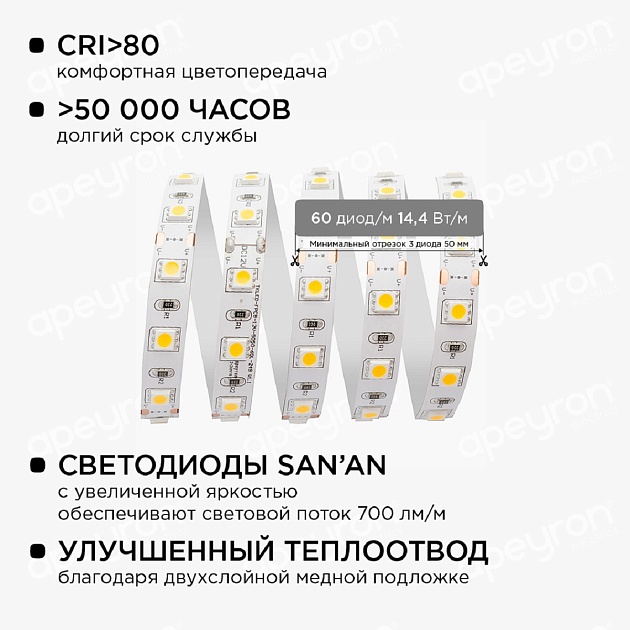 Светодиодная лента Apeyron 14,4W/m 60LED/m 5050SMD теплый белый 1M 10-68 Фото № 6