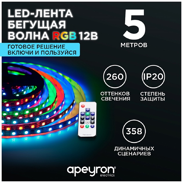 Светодиодная лента Apeyron 14,4W/m 60Led/m 5050SMD разноцветная 5M 83ЦЛ фото 11