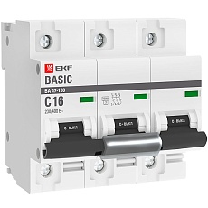 Автоматический выключатель 3P 16А (C) 10kA ВА 47-100 EKF Basic mcb47100-3-16C-bas