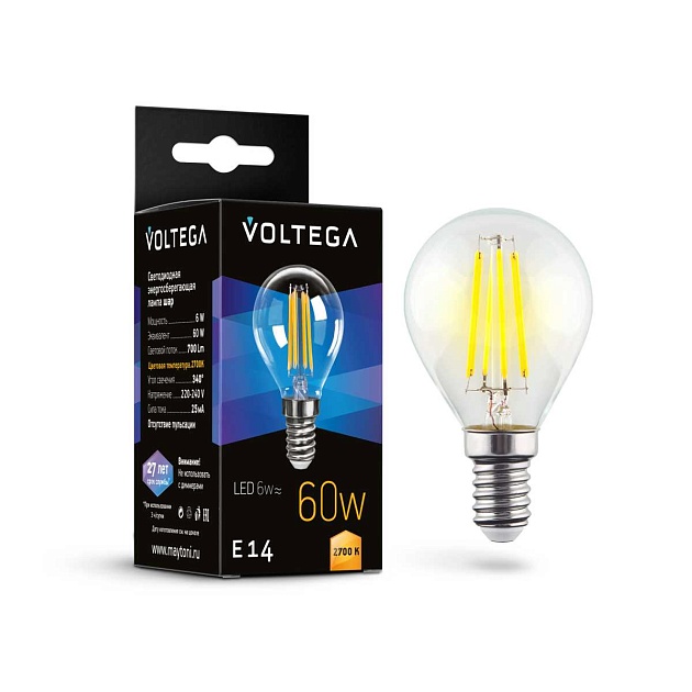 Лампа светодиодная Voltega E14 6W 2700K прозрачная 7212 Фото № 1