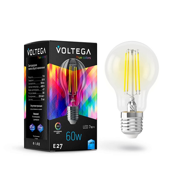 Лампа светодиодная Voltega E27 7W 4000K прозрачная VG10-A60E27cold7W-FHR 7155 фото 