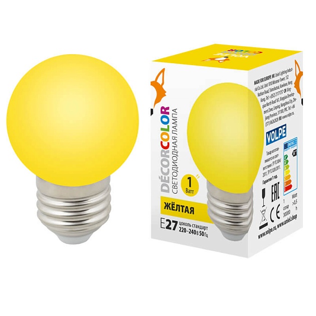 Лампа светодиодная Volpe E27 1W желтая LED-G45-1W/YELLOW/E27/FR/С UL-00005649 фото 