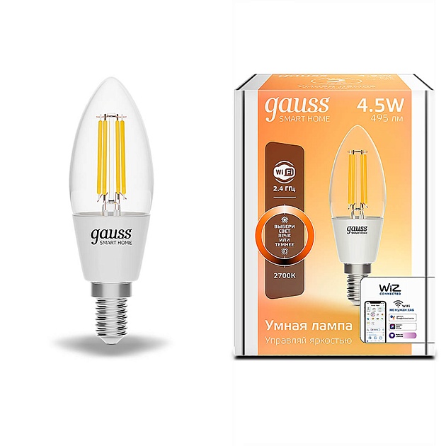 Лампа светодиодная диммируемая филаментная Gauss Smart Home Filament E14 4,5W 2700K прозрачная 1230112 фото 7