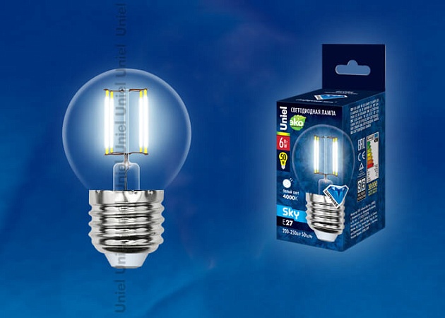 Лампа светодиодная филаментная Uniel E27 6W 4000K прозрачная LED-G45-6W/NW/E27/CL PLS02WH UL-00001370 фото 2